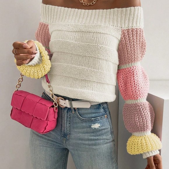 Apricot Casual Womens Off Shoulder Colorblock Virago Sleeve Sweater - Picture 3 of 5